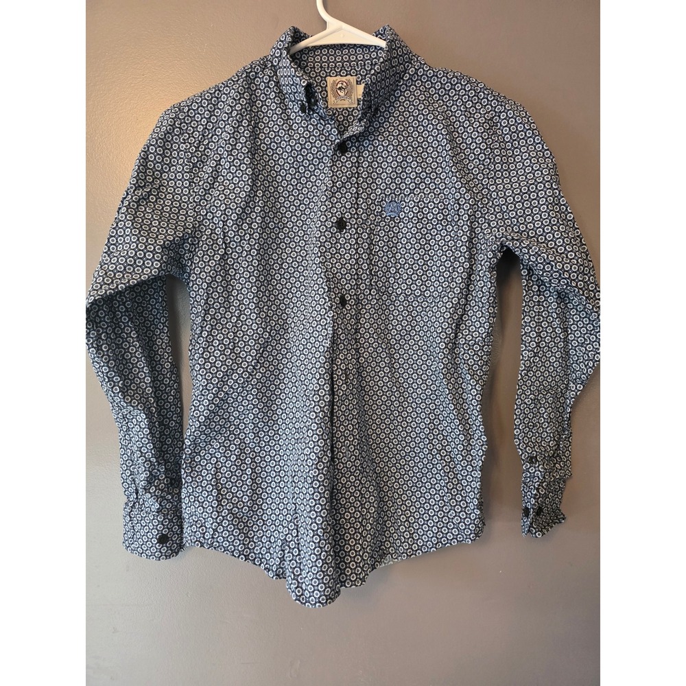 Cinch Boys Navy Blue Geometric Floral Button Down Western Shirt Size M 10